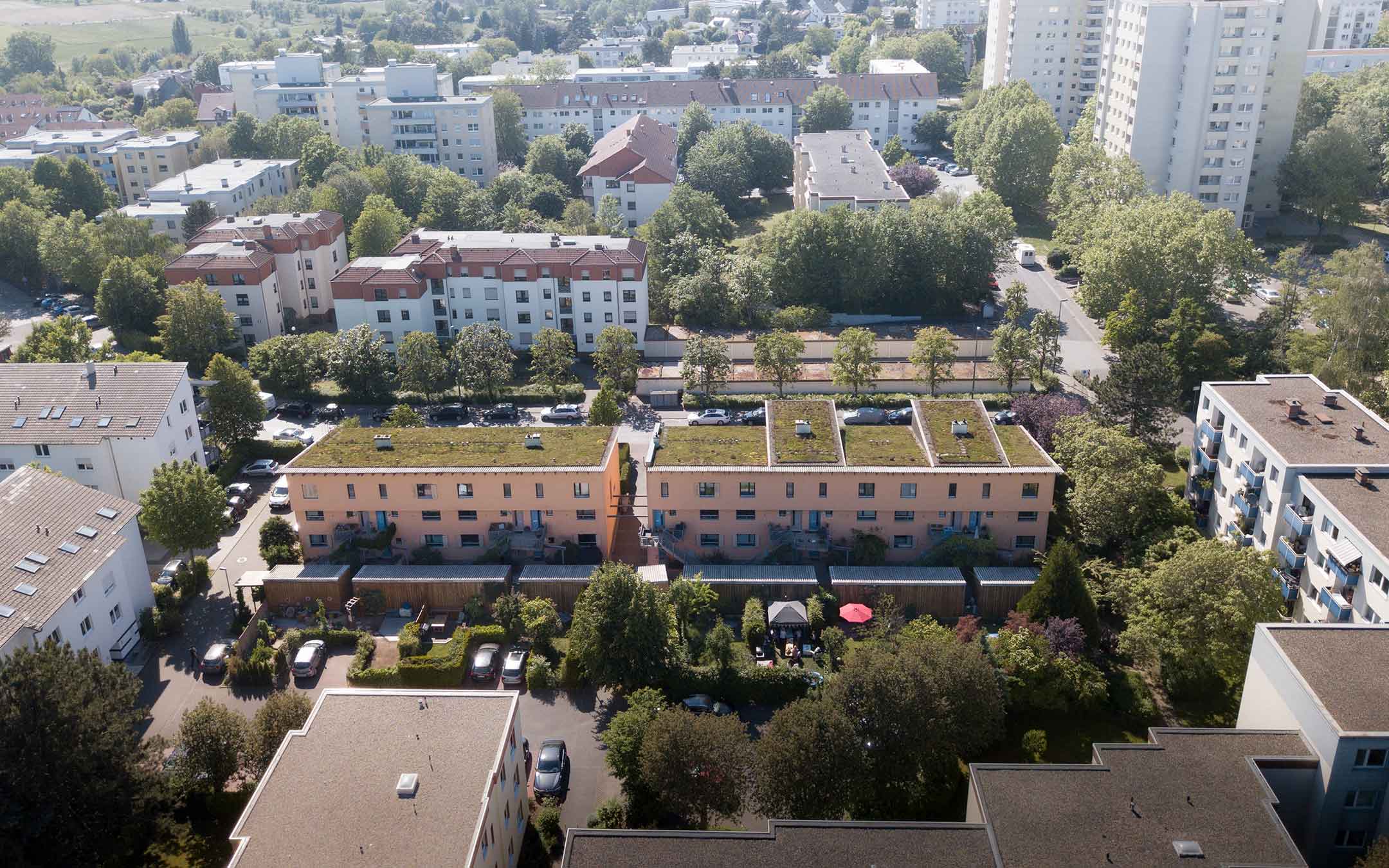 Luftaufnahme der Wohnanlage Im Wingertsgrund in Steinbach (Taunus) mit begrünten Dächern